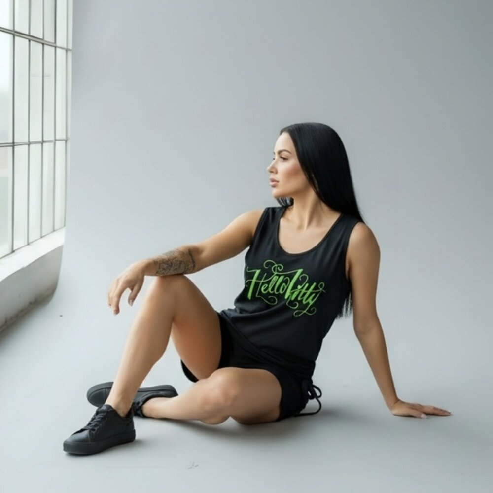 Sanrio Hello Kitty ✦ Black Neon Green Mesh Set ✦ Ruched Tank & Shorts L/M NWT